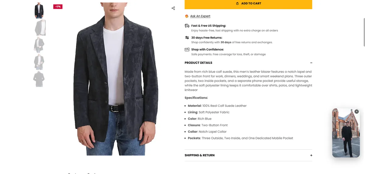 Trendy jacket product page